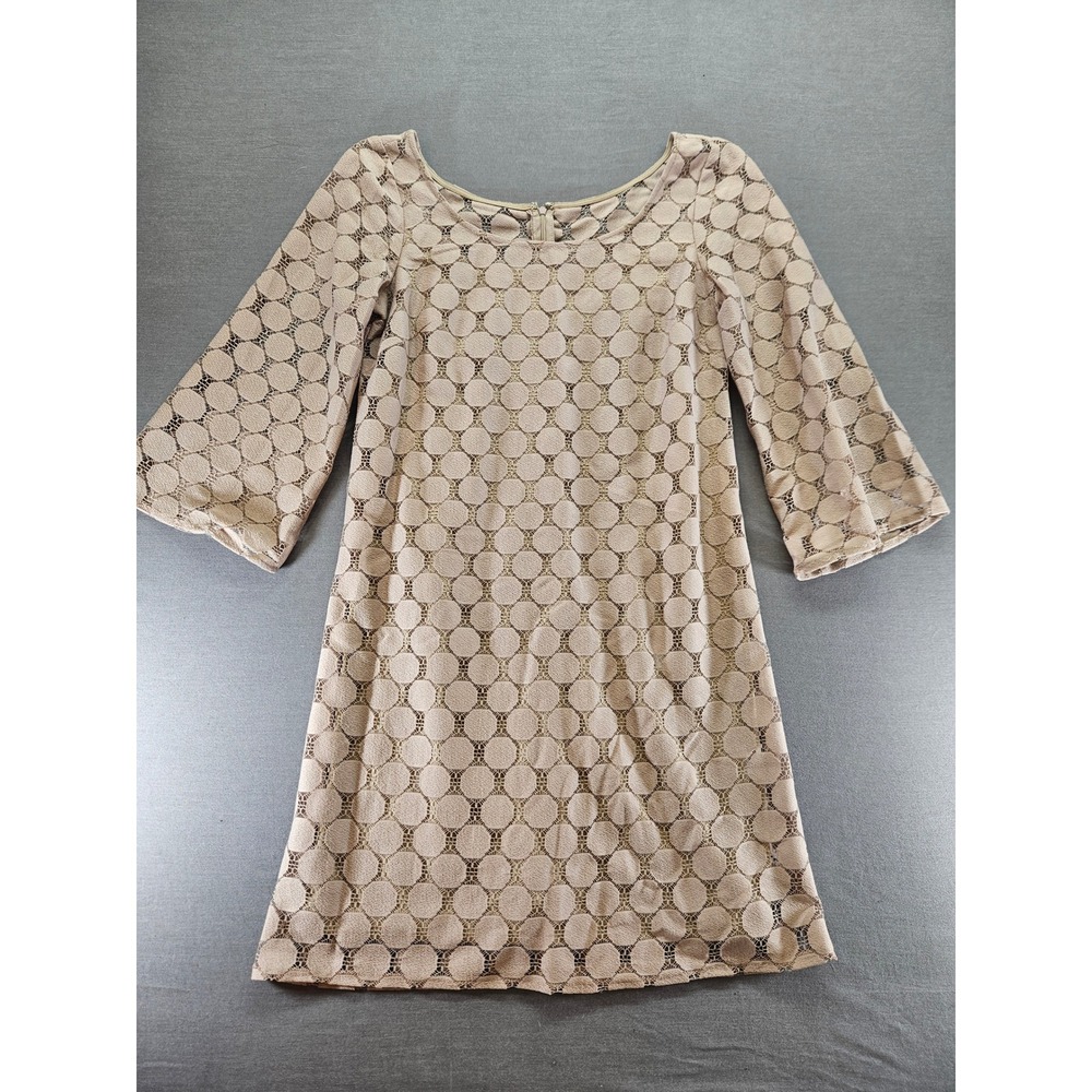 Muse Tan Geometric Circle Lace Shift Dress 3/4 Bell Sleeve Size 6